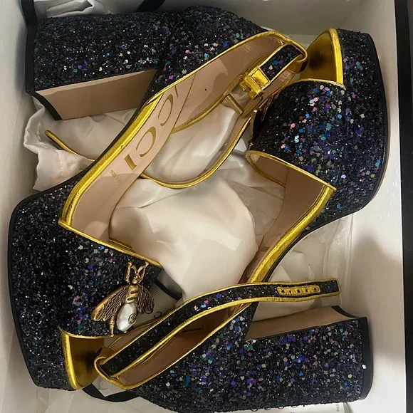 Gucci | Shoes | Gucci Glitter Soko Bee Platform Mid Heel  display picture 1